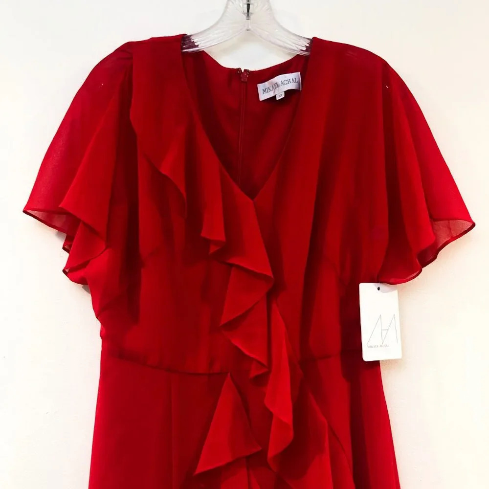 Mikael Aghal Red Chiffon Ruffle Midi Dress 10 NWT - Picture 3 of 8
